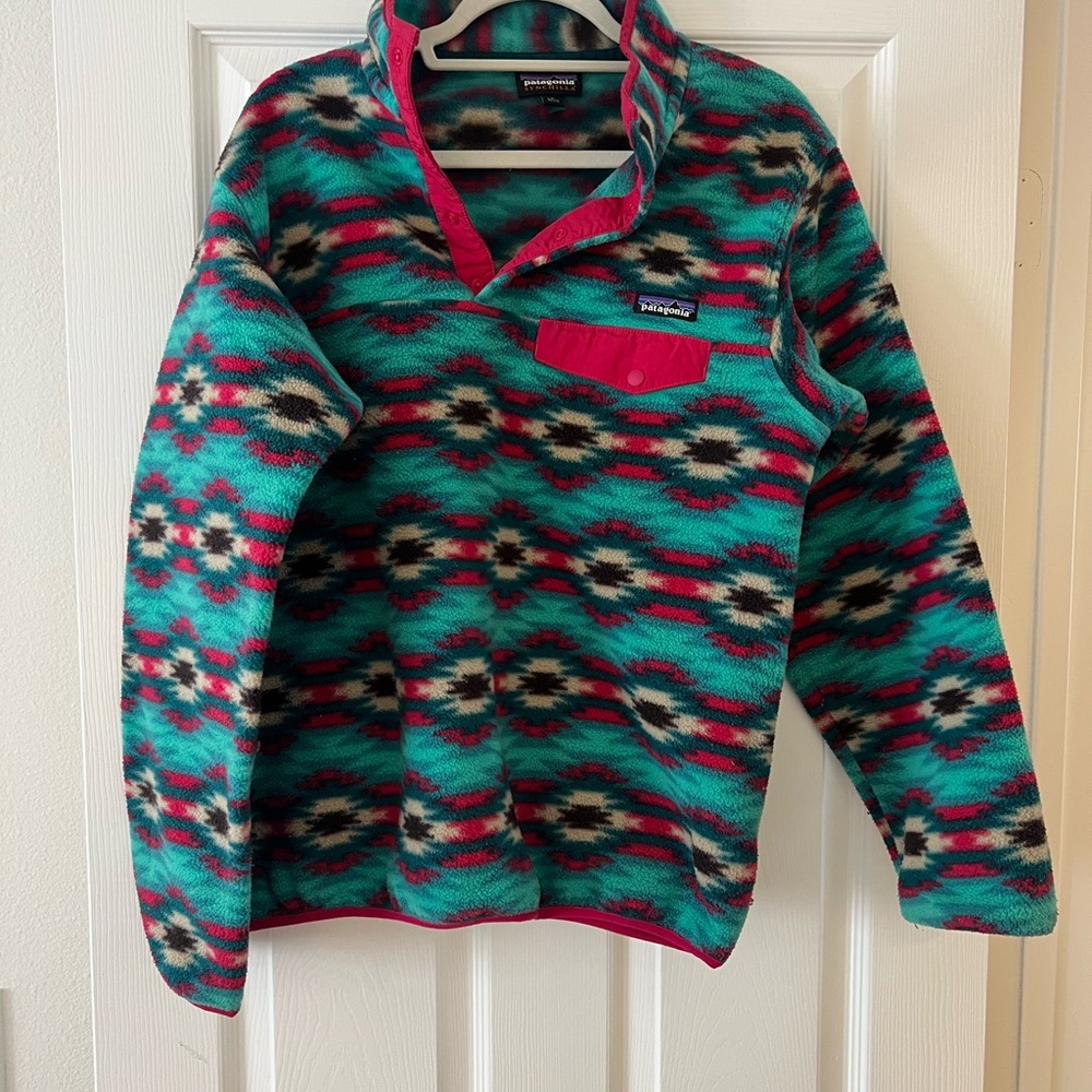 Patagonia Teal and Pink Patterned Fleece Pullover